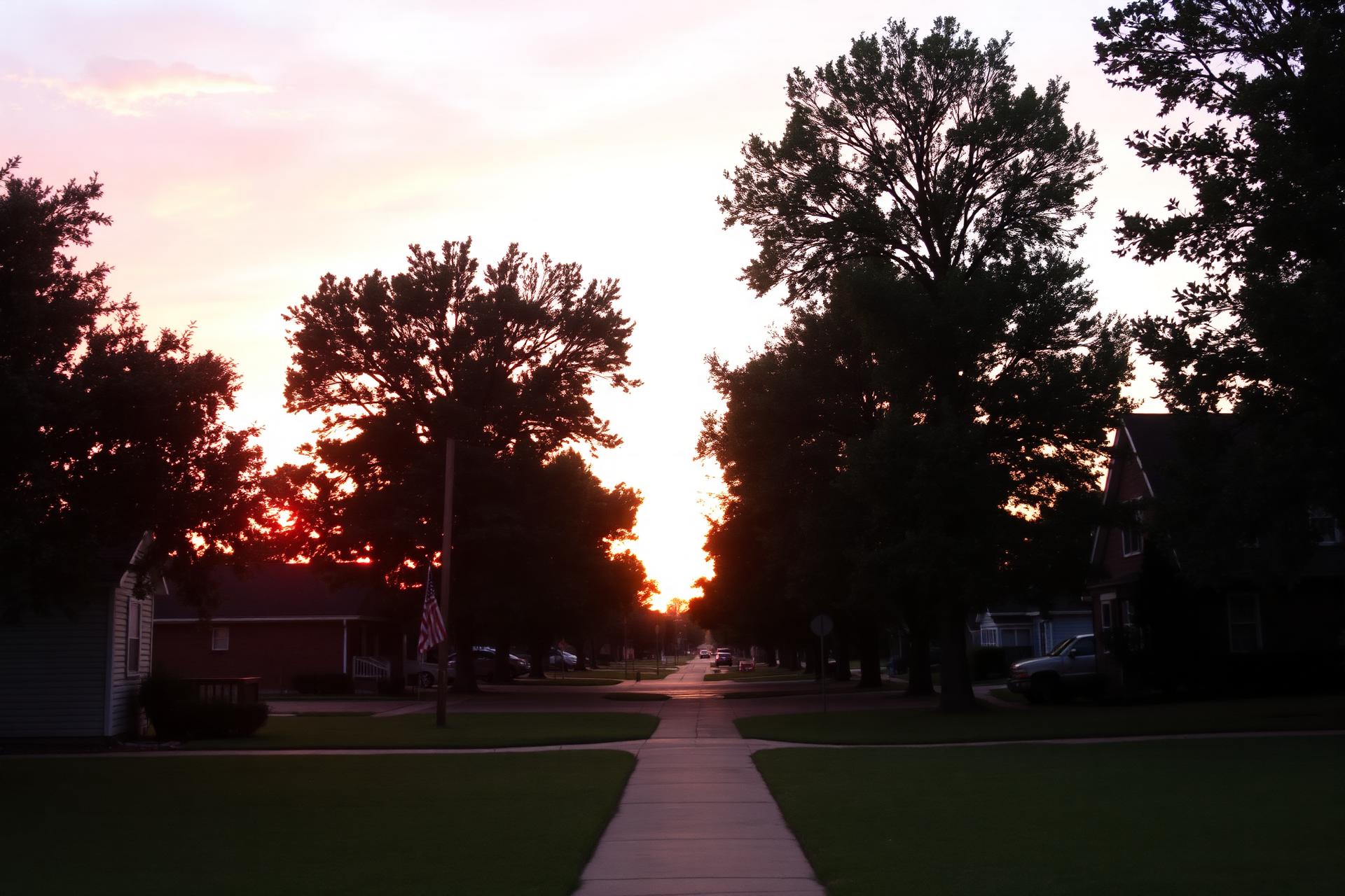 Quiet Oklahoma neighborhood street at sunset